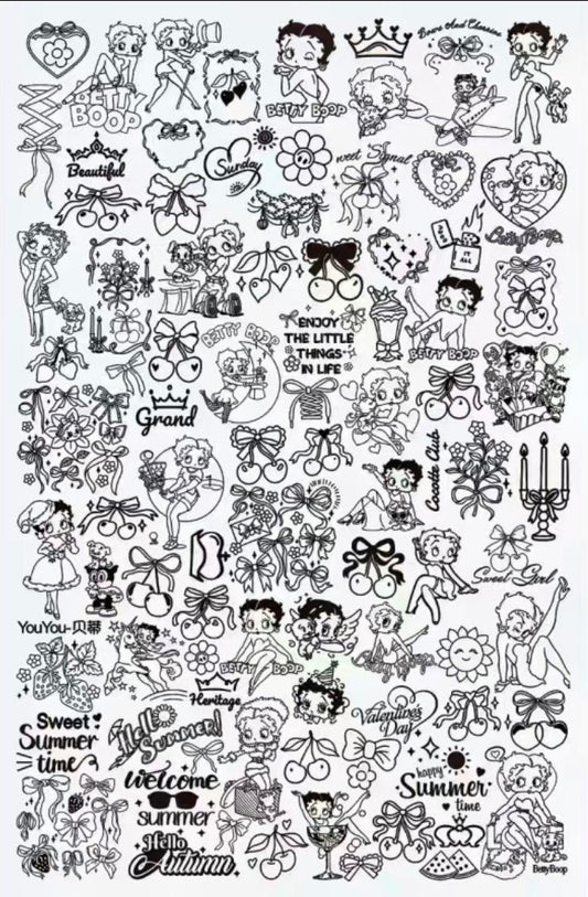 Betty Boop Retro Character Nail Art Stamping Plate – 3.75" x 6" Stainless Steel Plate with Cherries, Bows, Typography & Vintage Pin-Up Designs Glam Goodies