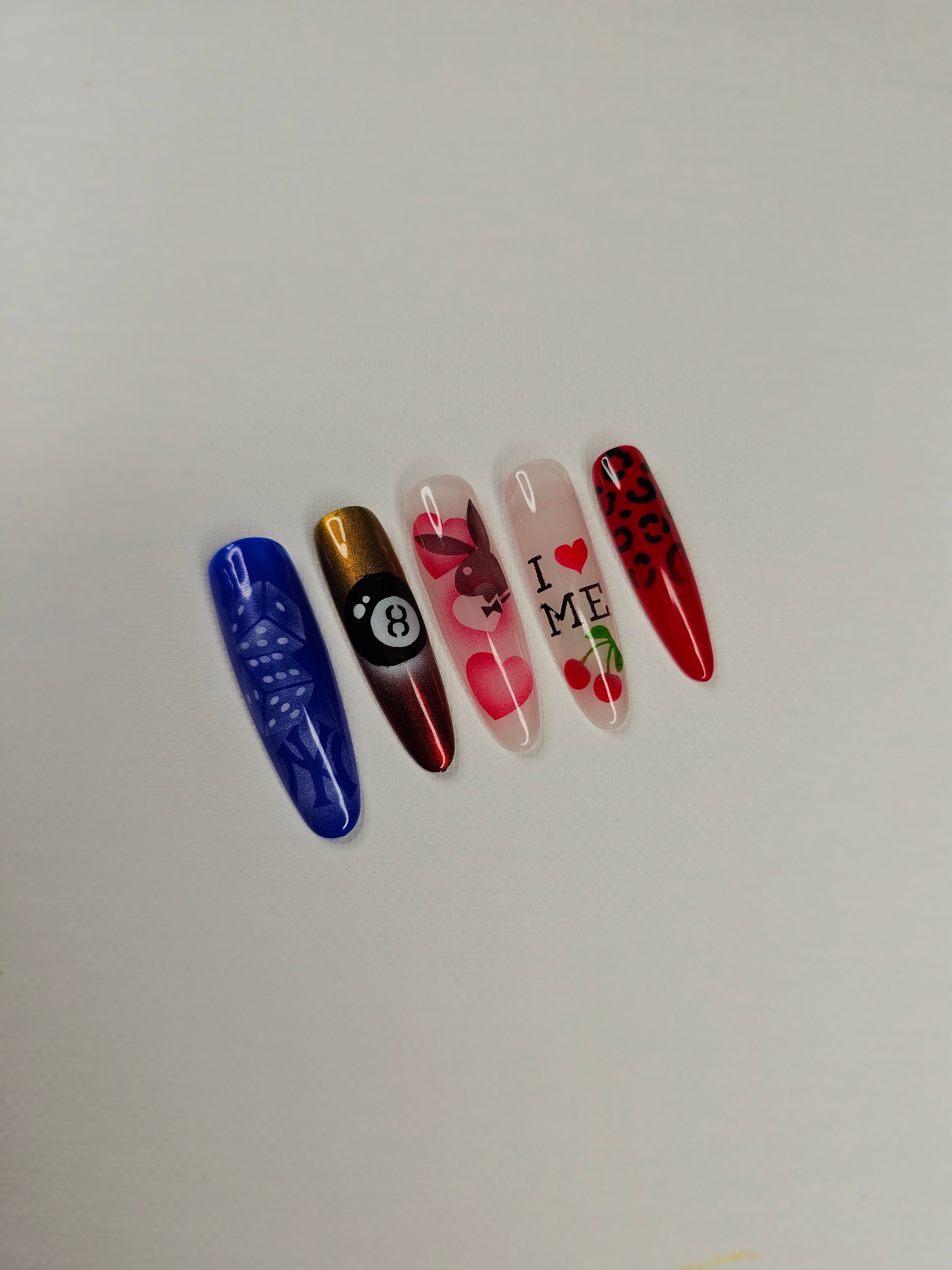 NYC Nail Art Airbrush Stencil Pack – Cherries, French Tip Stencils, Cheetah Print, Dice, 8-Ball & Bunny Designs (Reusable) Glam Goodies