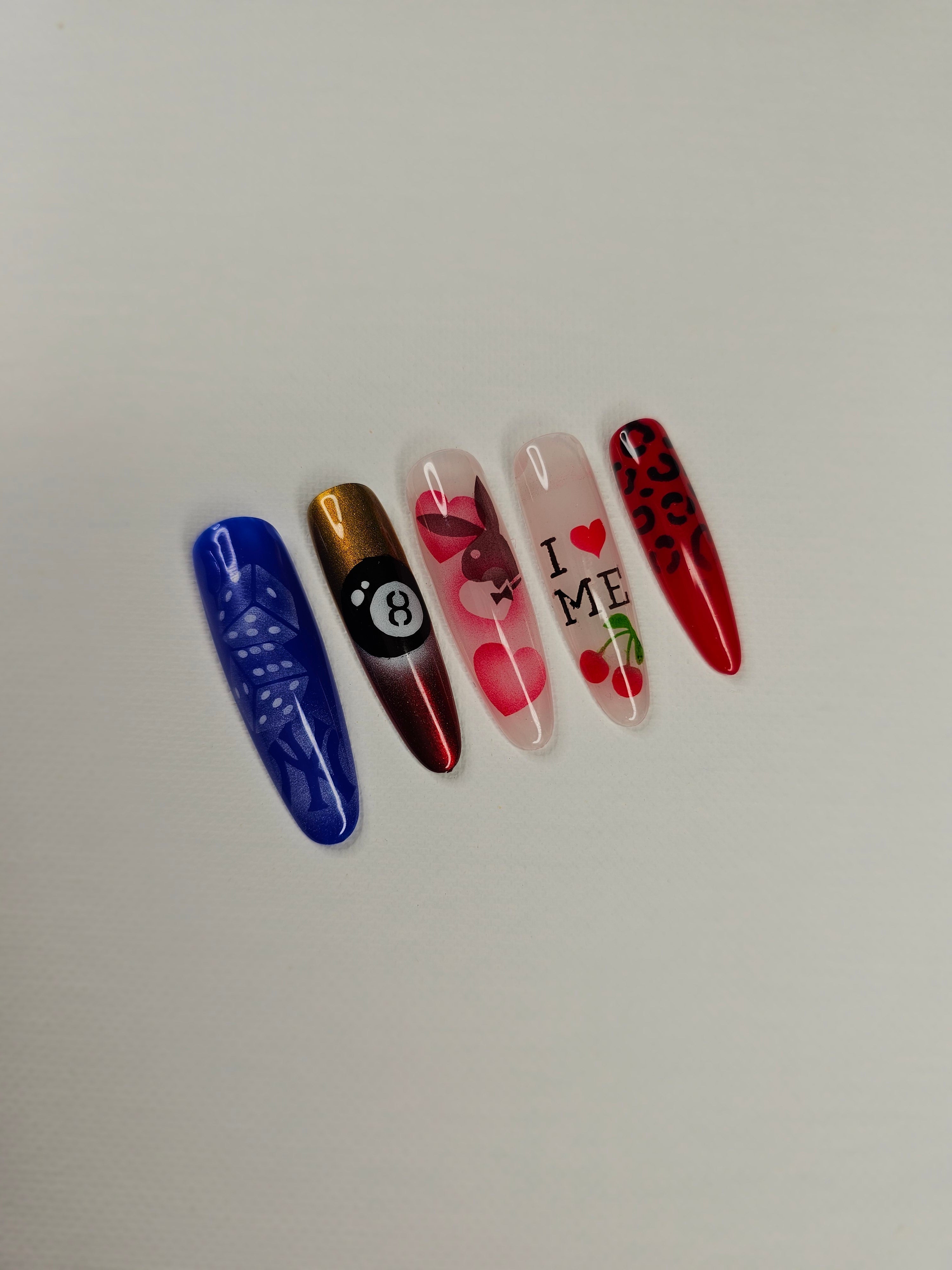 NYC Nail Art Airbrush Stencil Pack – Cherries, French Tip Stencils, Cheetah Print, Dice, 8-Ball & Bunny Designs (Reusable) Glam Goodies
