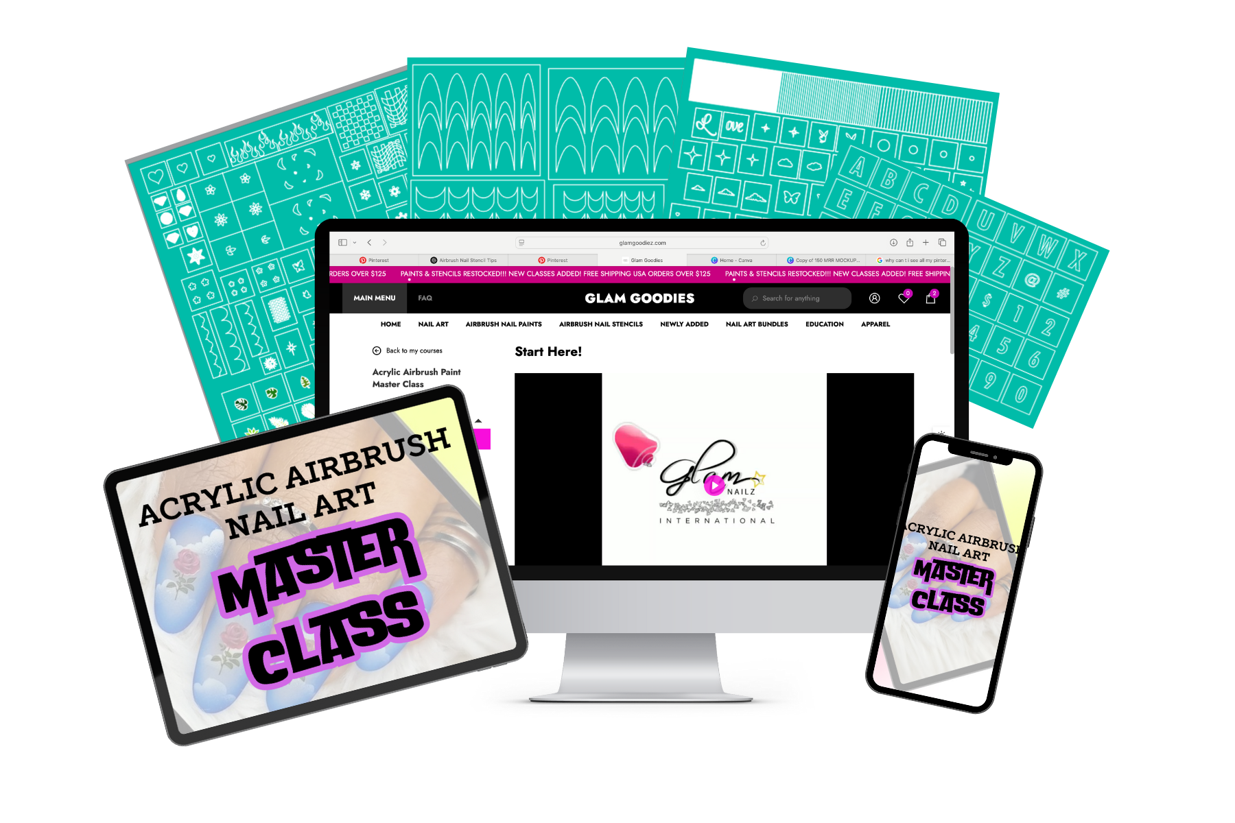 Acrylic Airbrush Paint Nail Art Master Course & 100 Stencils Glam Goodies