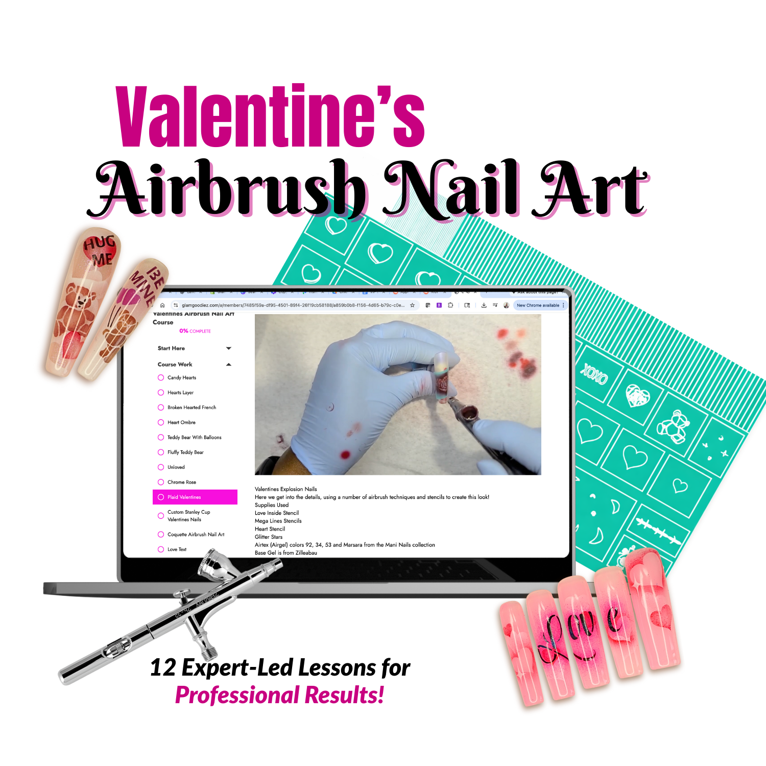 Airbrush Valentine's Nail Art Course & Stencil Bundle