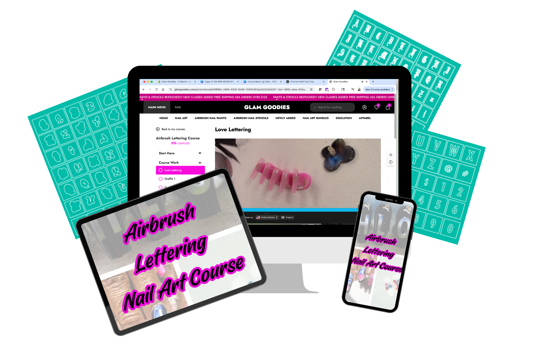 Airbrush Lettering Nail Art Course & Letter Stencils Glam Goodies