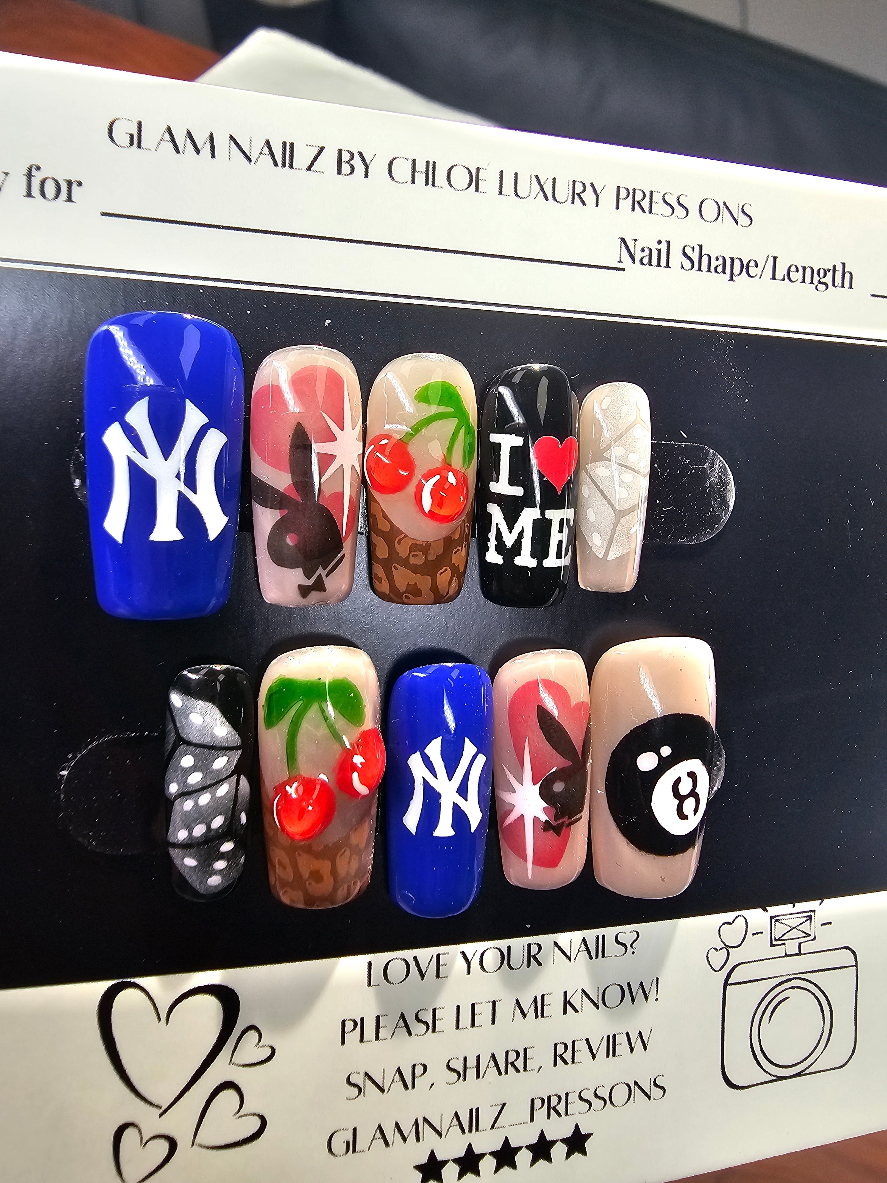 NYC Nail Art Airbrush Stencil Pack – Cherries, French Tip Stencils, Cheetah Print, Dice, 8-Ball & Bunny Designs (Reusable) Glam Goodies