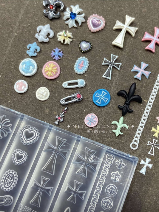 Mega Punk & Coquette Mixed Motif Silicone Mold – 3D Safety Pins, Chains, Frames & Gothic Crosses Glam Goodies