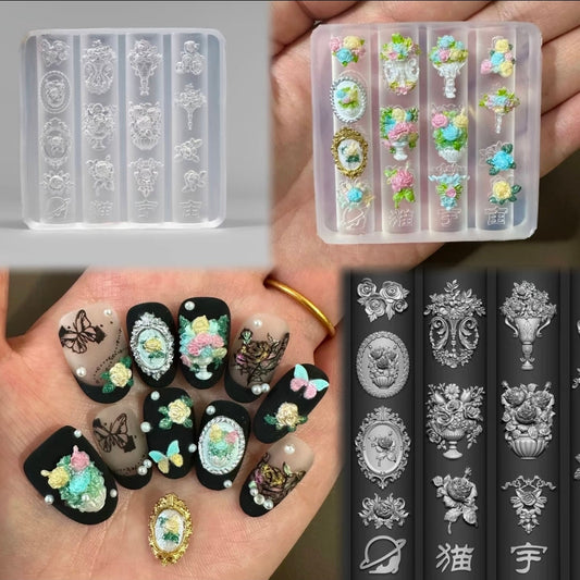 Vintage Cameo & Floral Vase 3D Mold – Rococo Rose Bouquets & Ornate Frame Silicone Mold Glam Goodies