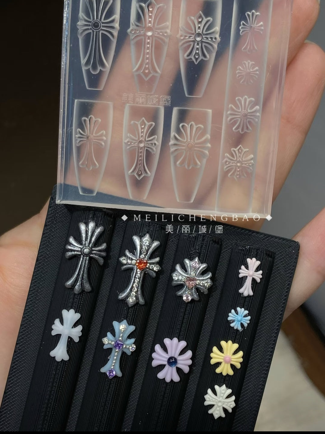 Elite Gothic Cross Silicone Mold – 3D Pre-Curved Overlays & Multi-Style Designer Charms Glam Goodies