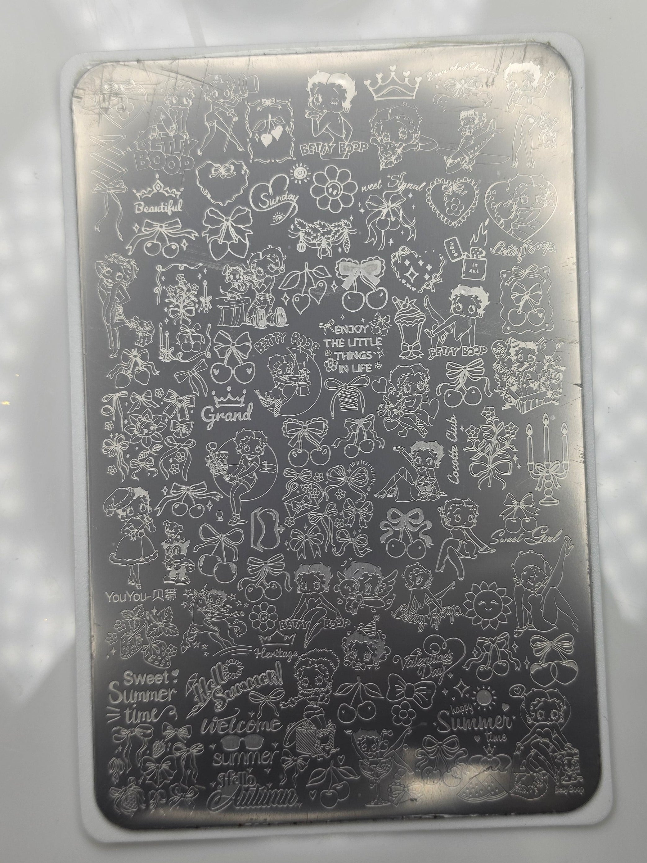 Betty Boop Retro Character Nail Art Stamping Plate – 3.75" x 6" Stainless Steel Plate with Cherries, Bows, Typography & Vintage Pin-Up Designs Glam Goodies