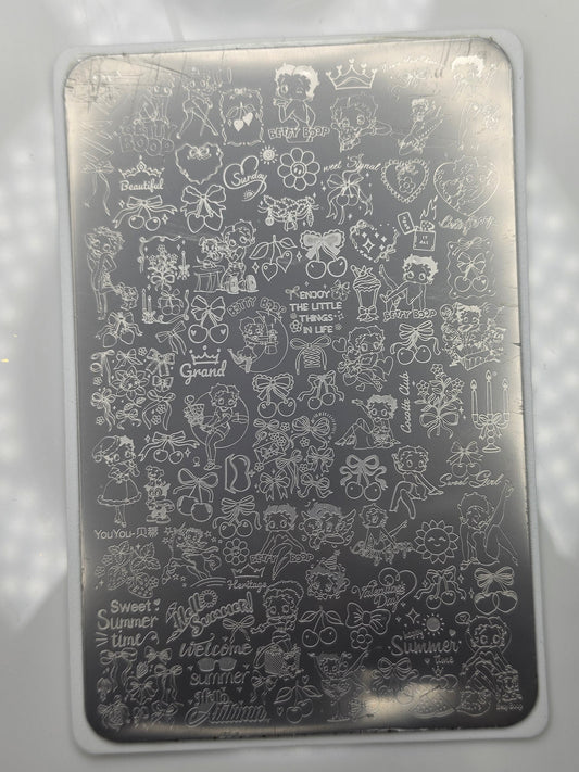 Betty Boop Retro Character Nail Art Stamping Plate – 3.75" x 6" Stainless Steel Plate with Cherries, Bows, Typography & Vintage Pin-Up Designs Glam Goodies